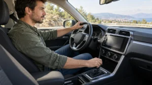 Conductor prueba un coche automático con el selector de marchas visible