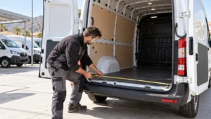 Un profesional mide la zona de carga de una furgoneta blanca