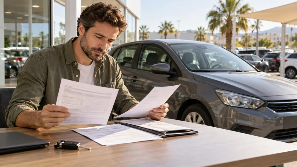 Un comprador revisa documentación de un coche usado junto a un turismo gris