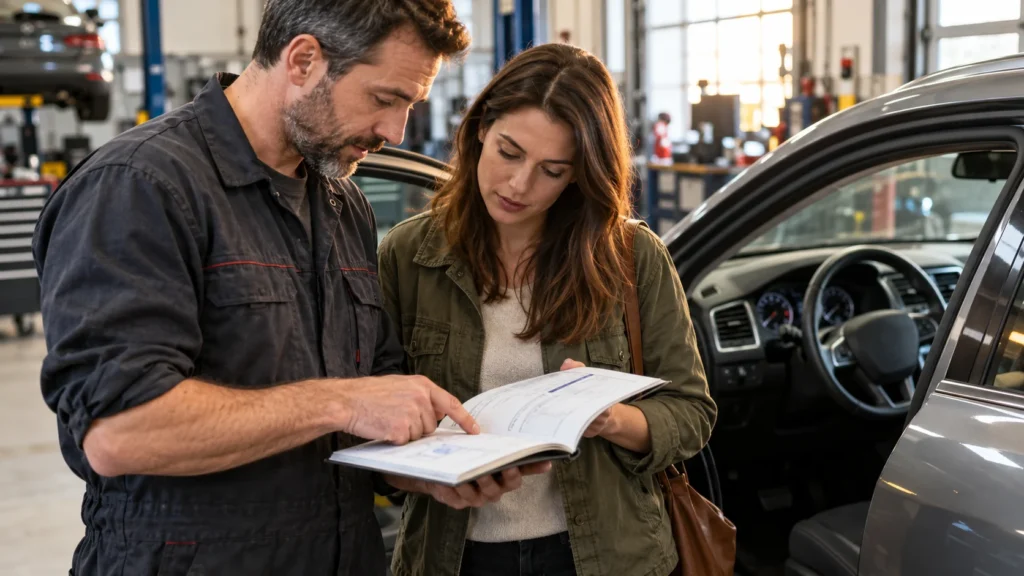 Un mecánico y una compradora consultan el libro de mantenimiento junto a un coche usado